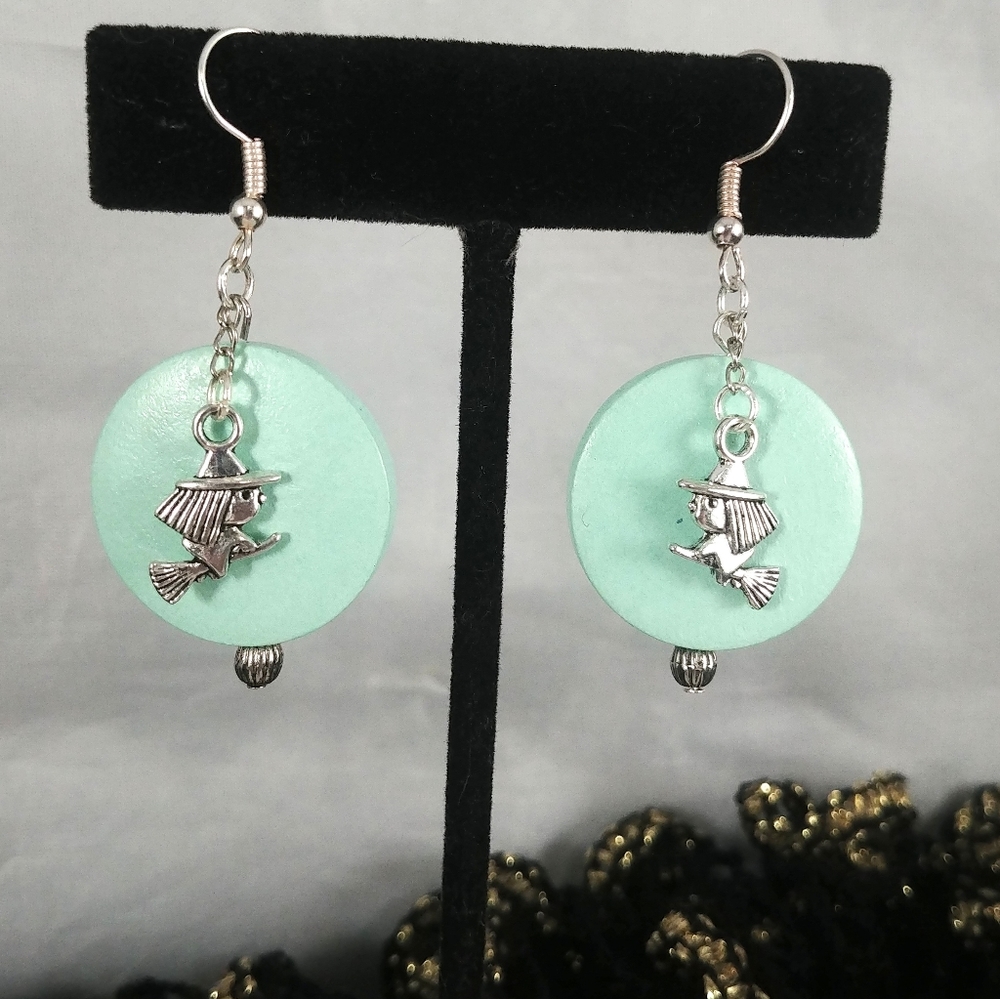 Halloween earrings Witch flying across the Moon
